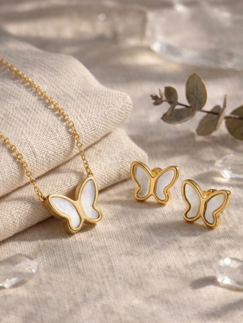 18k Gold Plated MOP Butterfly Necklace and Stud Earring Set White Gold 16"